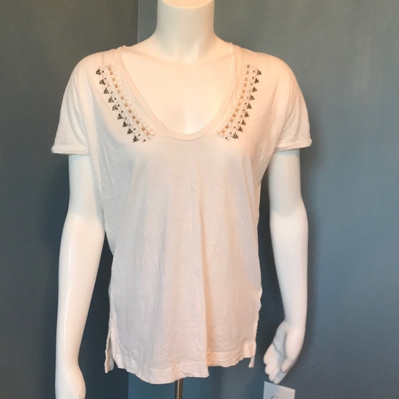 J. Crew Ivory V neck beaded tee size small - Picture 2 of 6